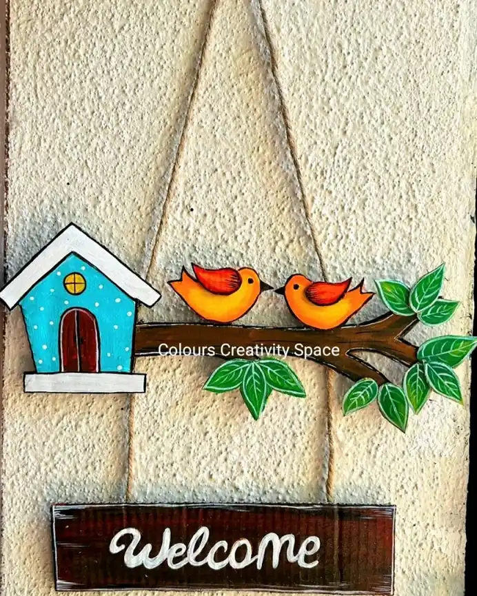 Painted Welcome Hanger With Birds on a Branch