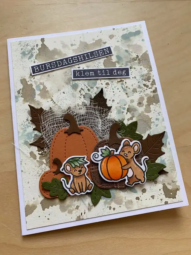 17 Cozy Fall Themed DIY Birthday Card Ideas That Feel Like a Warm Hug 4 3. Speckled Pumpkin Patch Birthday Card With Two Little Mice
