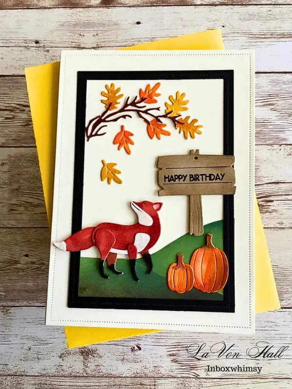 17 Cozy Fall Themed DIY Birthday Card Ideas That Feel Like a Warm Hug 3 Layered Fox Scene With a Wooden "Happy Birthday" Sign