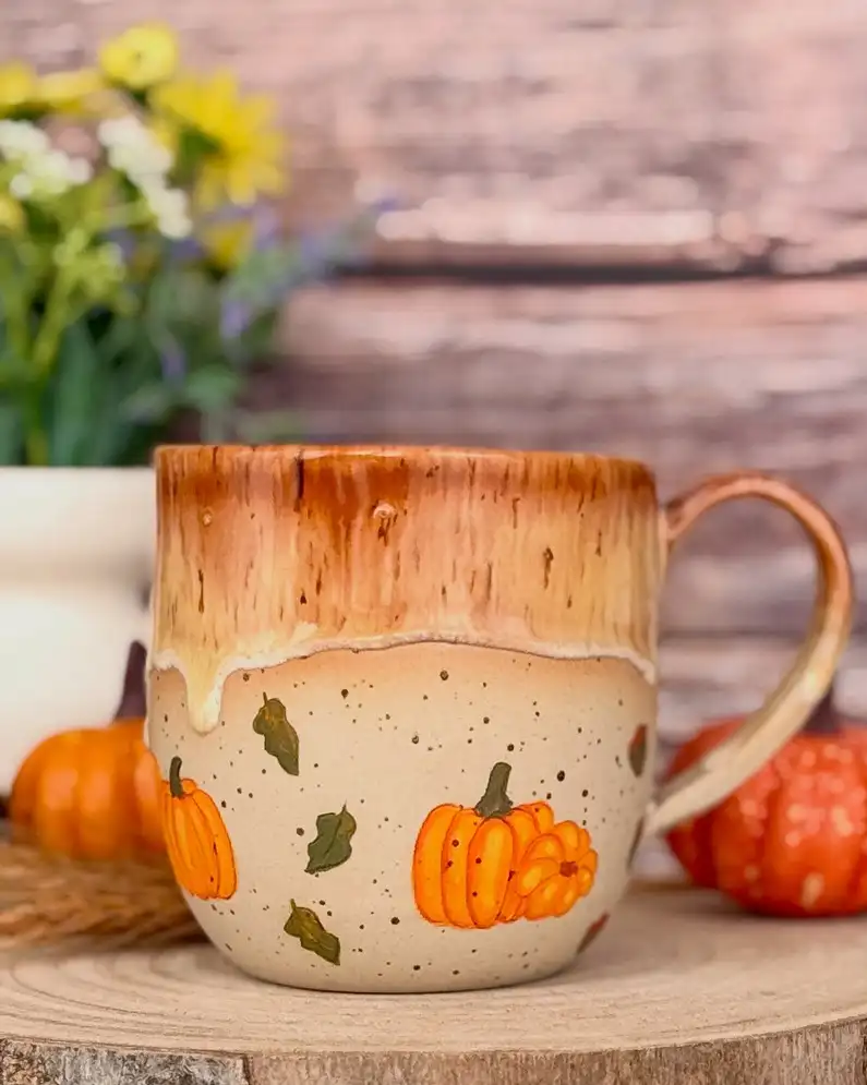 Caramel Drip Rim With Scattered Pumpkins and Leaves