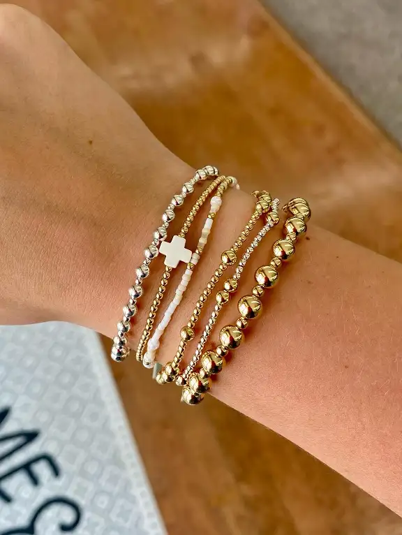 Gold and Silver Ball Chain Stack with Cross Accent