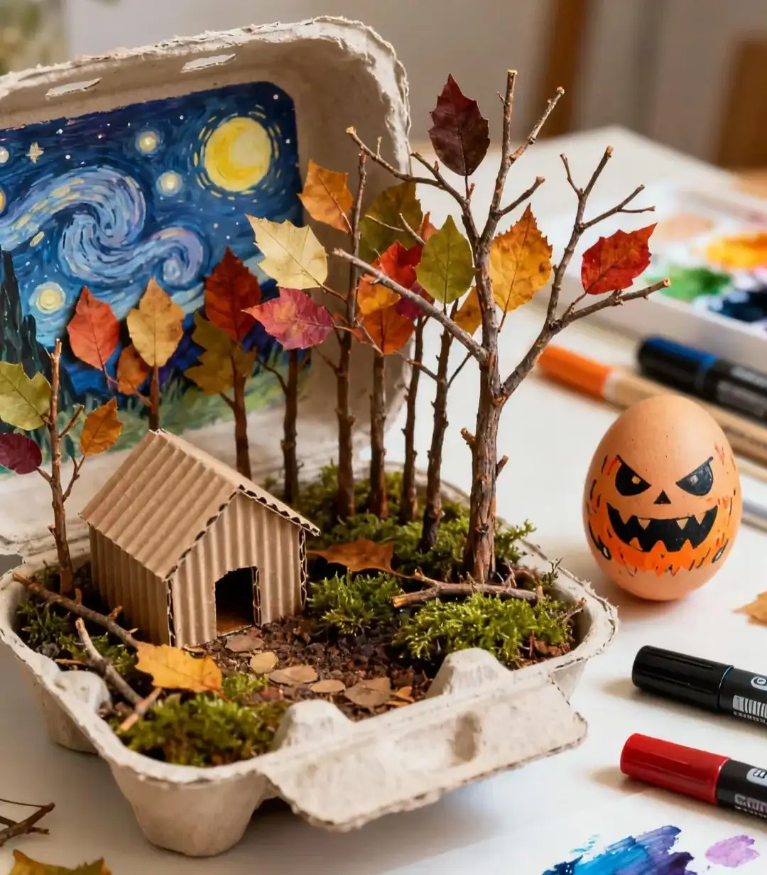 Egg Carton Autumn Diorama With a Painted Lid Backdrop