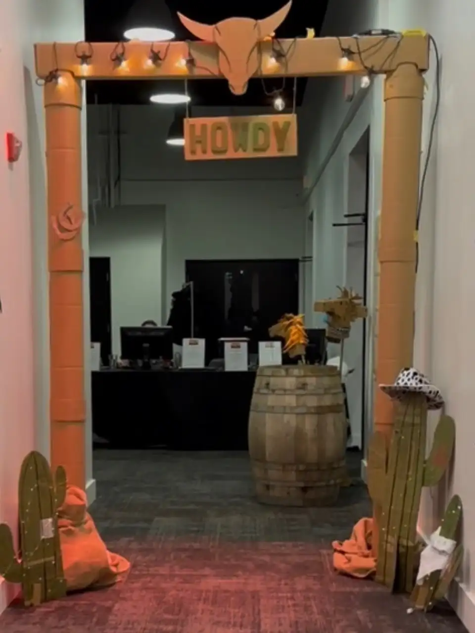 A Full Size Party Arch Made of Boxes and Tubes