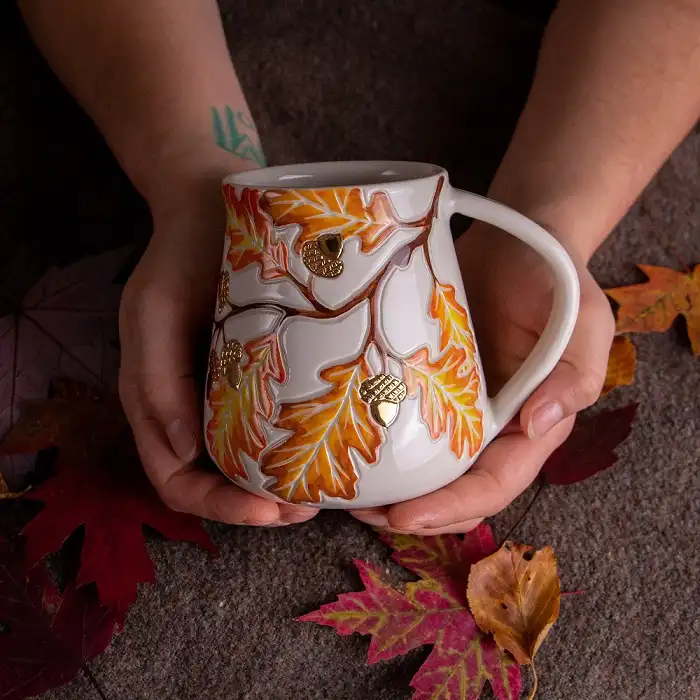 Oak Branch Mug With Shiny Gold Acorns