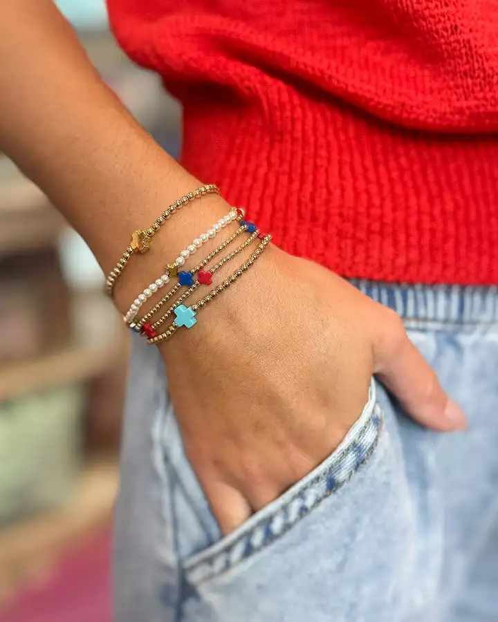Gold Beaded Bracelets with Tiny Cross Charms