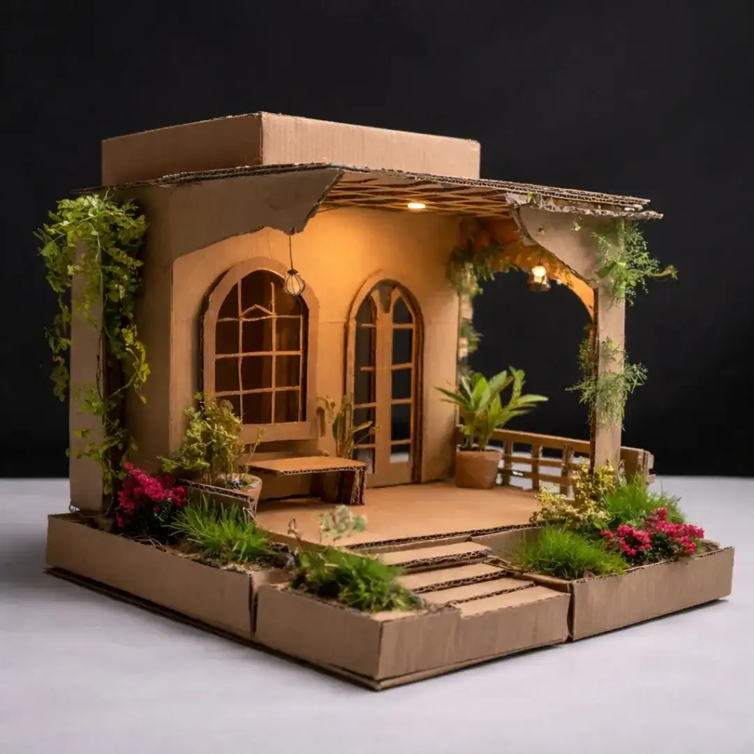 A Lit Cardboard Patio Model, Built From Plain Brown Panels