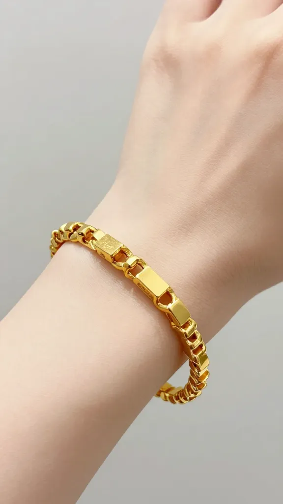 How to Stack Bracelets Without It Looking Messy 2 Closeup of a single chunky gold bracelet on wrist, soft studio light