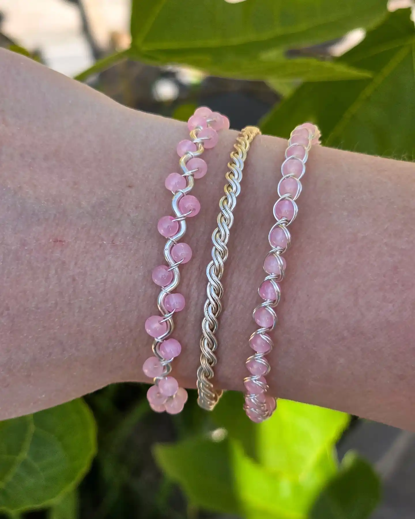 5. A Stack of Three Slim Wire Bracelets in One Bead Color