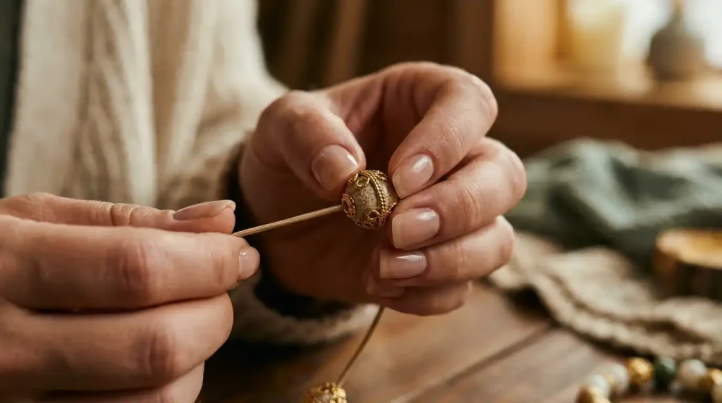 How to Make Beaded Bracelet at Home With No Special Tools 2 Hands_threading_bead_onto_string_202606190858
