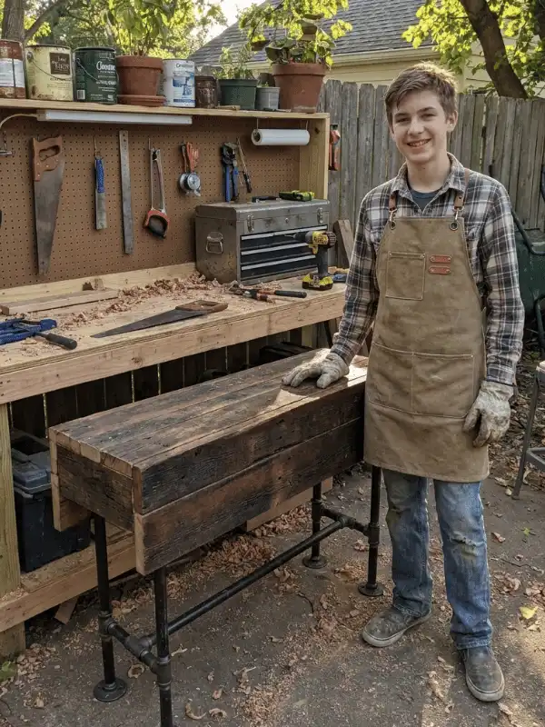 Reclaimed Wood and Metal Pipe Outdoor Bench