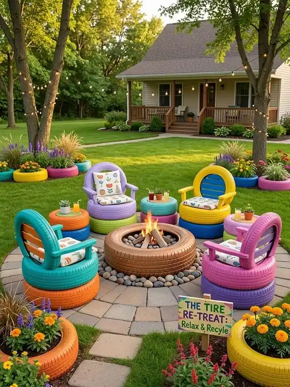 Recycled Tire Lounge Set With Built-In Fire Pit