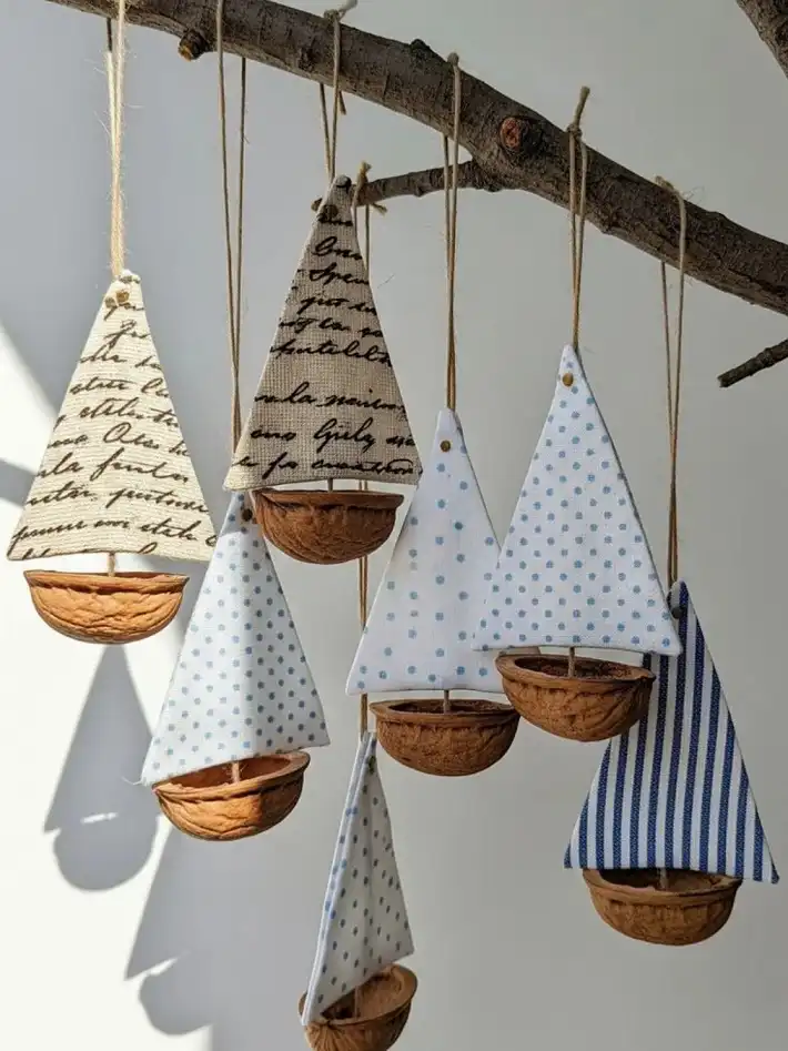 Walnut Shell Sailboat Ornaments With Fabric Sails