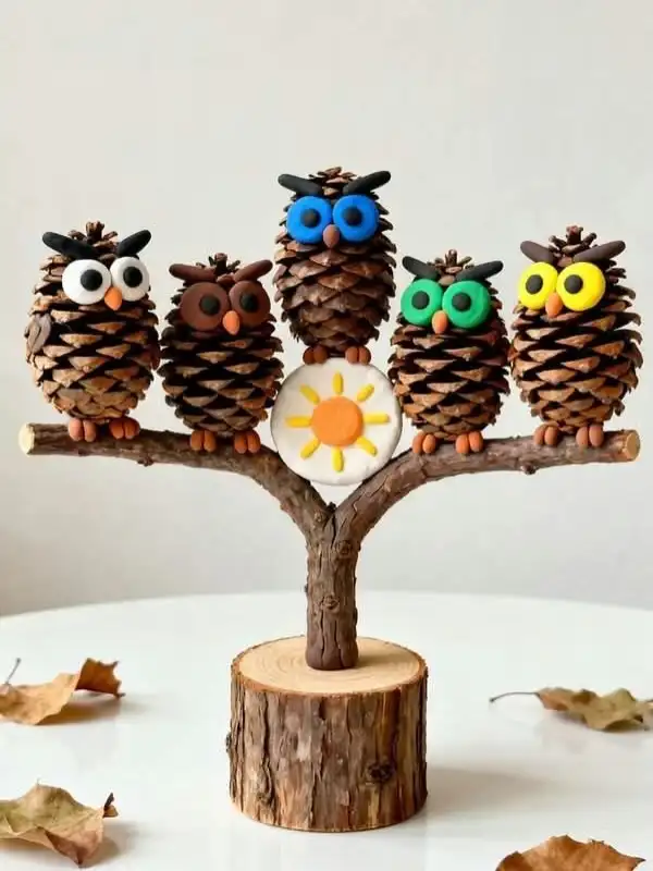 Pinecone Owls Perched on a Forked Branch