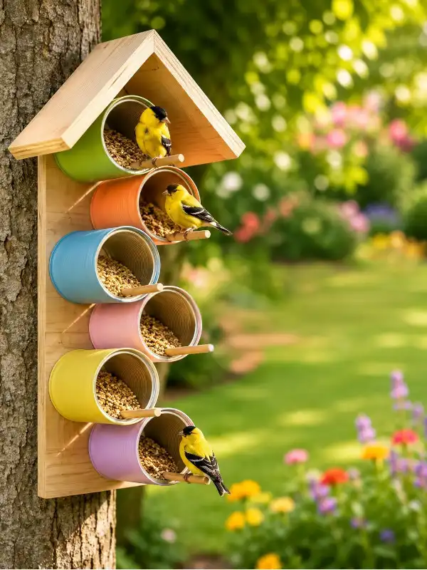 Tin Can Bird Feeder Mounted on a Wood Board