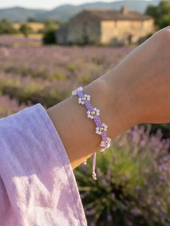 20 Cute Friendship Bracelet Ideas (Beaded, Woven, and Charm Styles) 12 Lavender Daisy Chain Macrame Bracelet