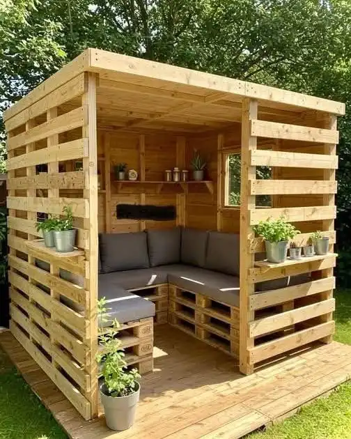 Pallet Wood Outdoor Cabana With Built-In Seating