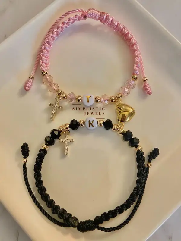 Braided Cord Bracelets With Initial Beads and Cross Charms