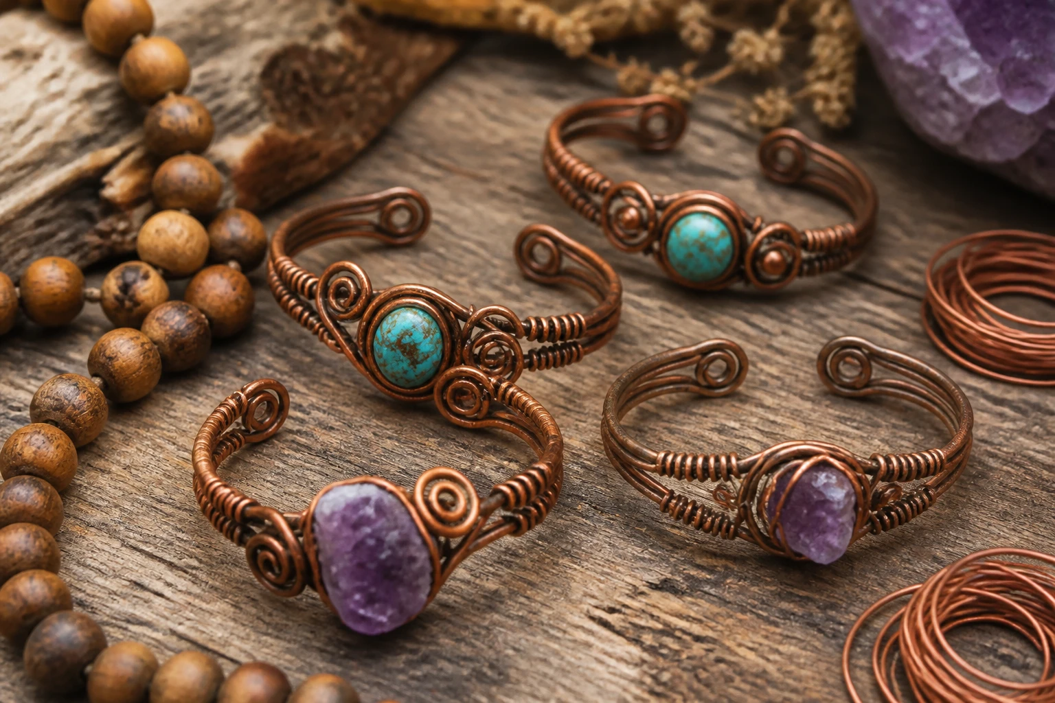 7 Rustic Wire Bracelet Ideas Using Copper and Natural Beads