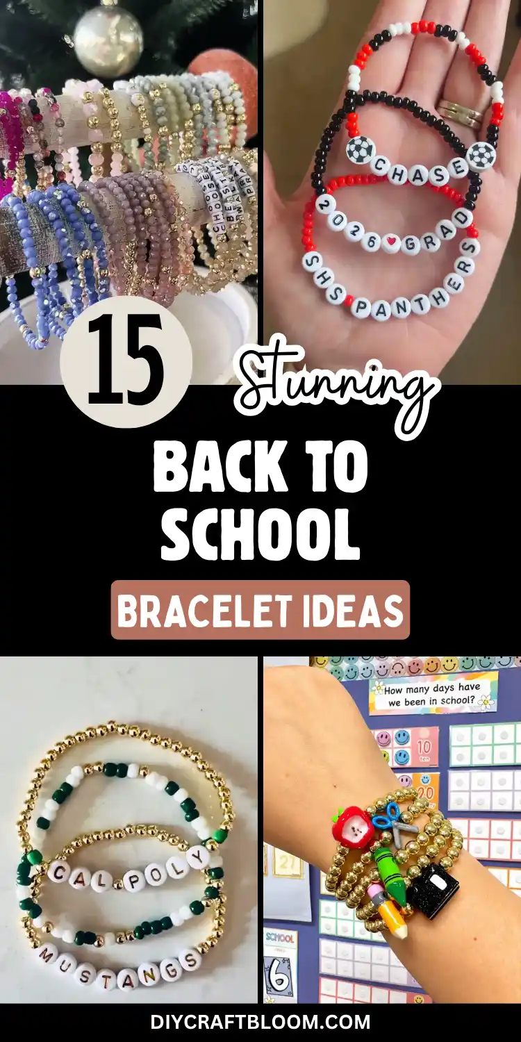 15 Back to School Bracelet Ideas to Trade 2 Pinterest graphic for back to school bracelet ideas showing four bracelet styles: pastel crystal bead bracelets draped on a branch, a hand holding black, red, and white beaded bracelets spelling "SHS Panthers" and "2026 Grad," gold ball chain bracelets spelling "Cal Poly Mustangs," and a wrist stacked with gold bracelets holding apple, scissors, crayon, and pencil charms over a classroom calendar.