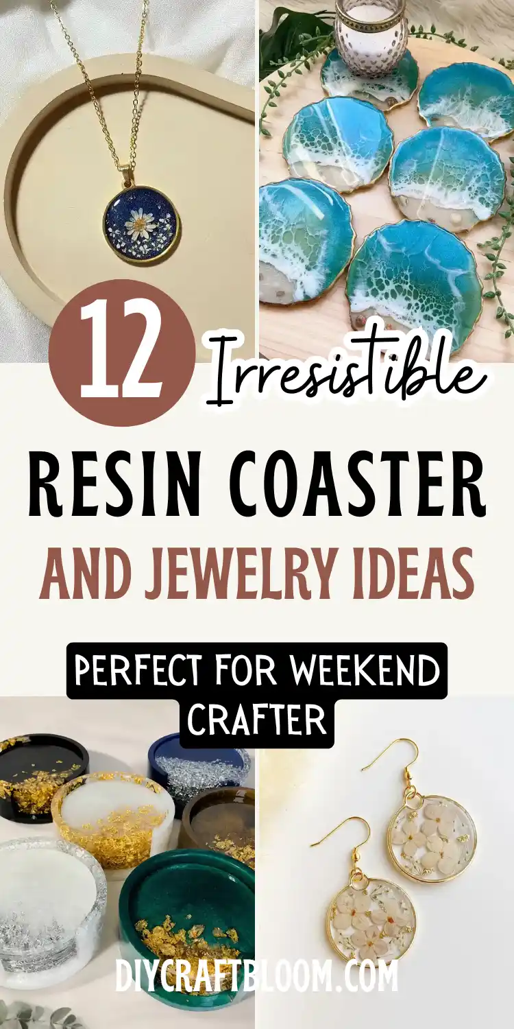 A navy pendant necklace with a pressed white daisy hangs on a gold chain, beside a set of teal and white ocean wave coasters with a sand and shell edge, a row of round coasters layered in gold and silver metallic flake, and gold circle earrings holding pressed white flowers. Text reads 12 Irresistible Resin Coaster and Jewelry Ideas, Perfect for Weekend Crafter, showcasing this resin art and resin pendant roundup.