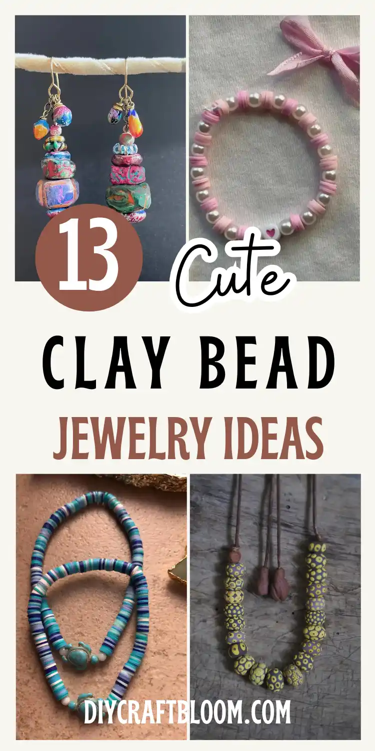 A four photo collage shows clay bead jewelry pieces including colorful stacked bead earrings hanging from a rod, a pink and pearl heishi bracelet with a heart charm, layered turquoise and navy heishi necklaces with a turtle charm, and mustard yellow speckled clay bead necklaces on leather cord. Black and brown text reads 13 Cute Clay Bead Jewelry Ideas, highlighting this boho jewelry and clay bead necklace roundup.