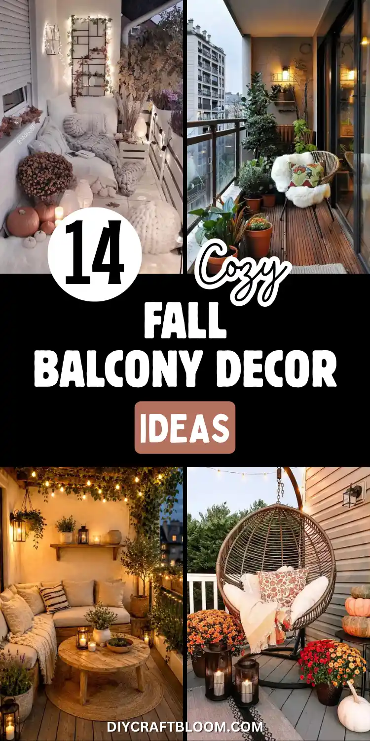 Cozy Fall Balcony Decor: 14 Ideas for Small Spaces 2 Four fall cozy small balcony decor scenes: a white balcony corner with string lights, a low floor cushion setup and mini pumpkins, a narrow wood deck lined with potted plants and a fur throw draped rattan chair, a warmly lit nook with a wicker sofa and hanging planters, and a hanging egg chair surrounded by potted mums, stacked pumpkins, and string lights for fall balcony decor.