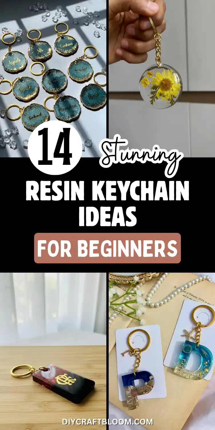 Four resin keychain ideas for beginners shown together: a batch of scalloped resin mold name tags in teal glitter with gold rings, a hand holding a clear pressed daisy keychain, a black and burgundy two-tone rectangle keychain with a gold monogram, and two letter shaped keychain pieces filled with sand and shells beside pearls, illustrating a range of glitter resin keychain and floral styles.
