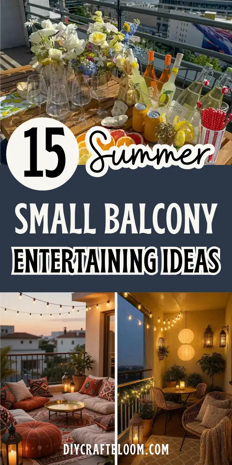 15 Summer Small Balcony Entertaining Ideas 2 A wood table holds wine glasses, white and yellow floral bouquets, citrus slices, and bottled drinks with a city skyline behind it, next to a warm boho picnic lounge with rust colored floor cushion seating and lanterns, and a cozy nook with layered balcony lighting from paper lanterns and string lights. Bold white text reads 15 Summer Small Balcony Entertaining Ideas, spotlighting this patio string lights and outdoor tablescape roundup.