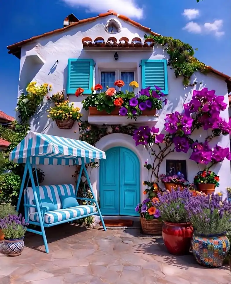 Blue and white porch decor