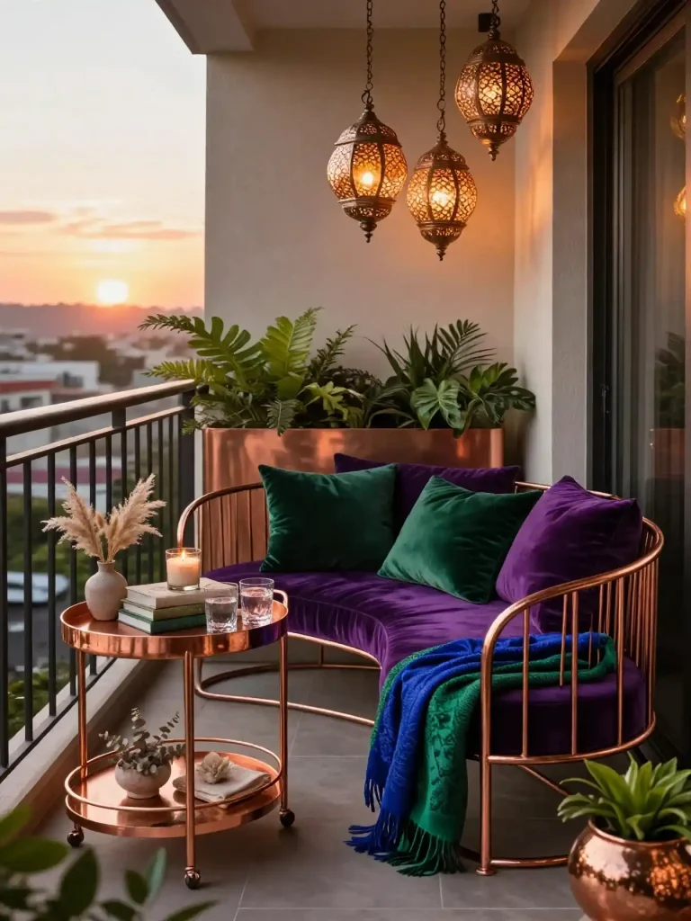 15 Summer Small Balcony Entertaining Ideas 16 Sunset Social With Warm Metallics and Jewel Tones