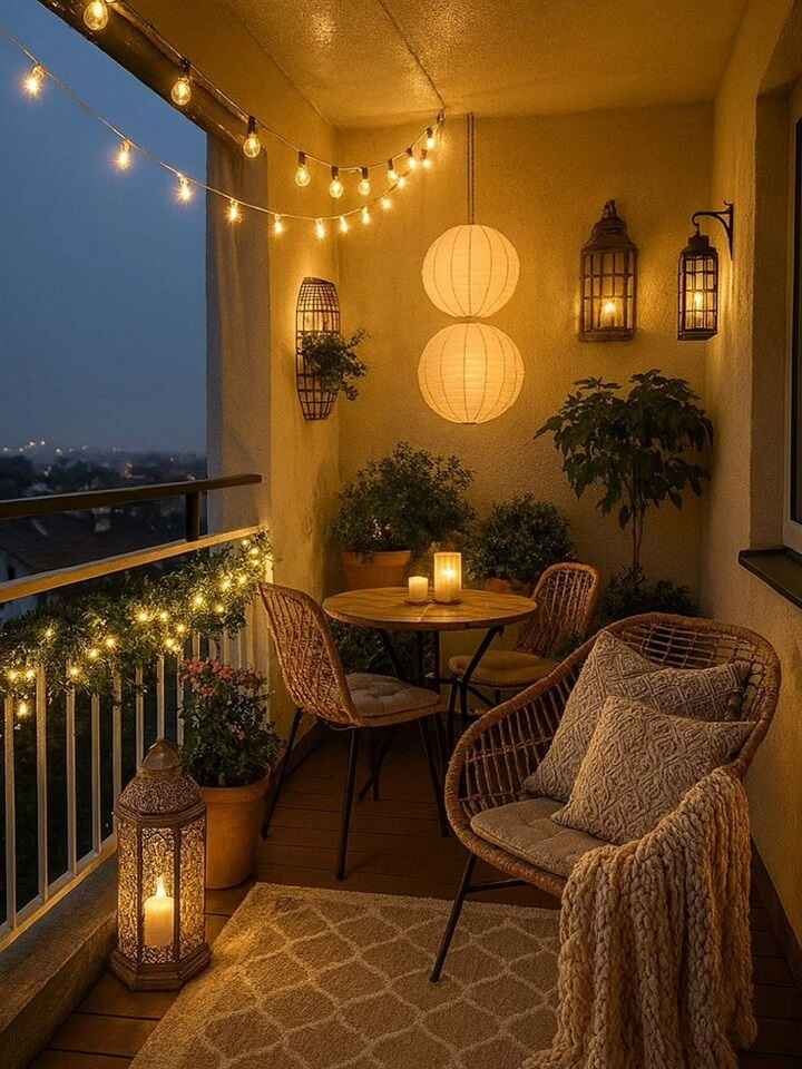 15 Summer Small Balcony Entertaining Ideas 3 Layer Three Kinds of Light for an Instant Golden Glow