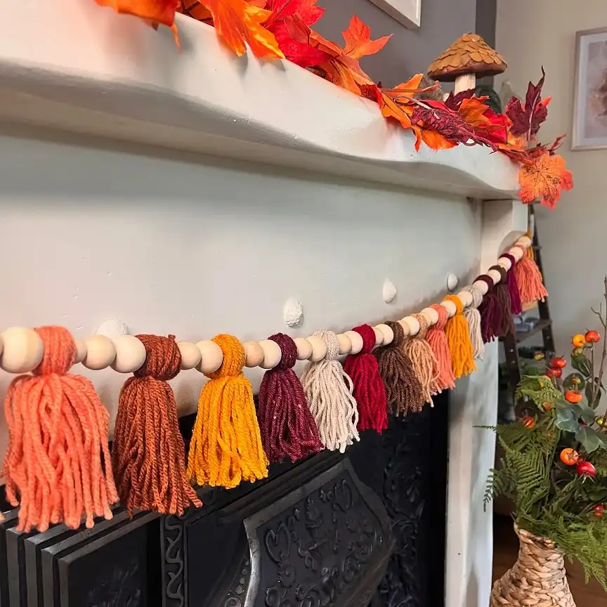 Yarn Tassel and Wood Bead Garland for the Mantel