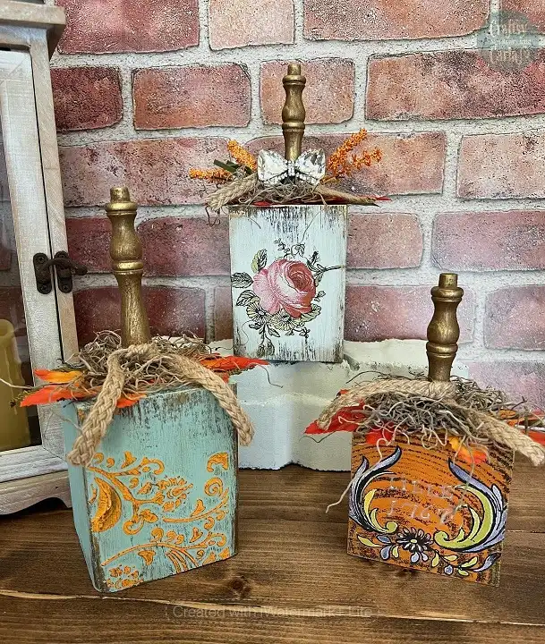 Decoupaged Wood Block Pumpkins With Spindle Stems