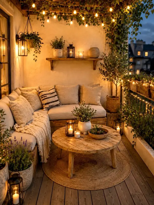 Cozy Fall Balcony Decor: 14 Ideas for Small Spaces 4 2. Light It in Four Layers Instead of One Overhead Bulb