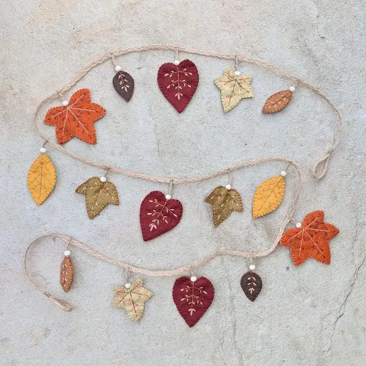 Embroidered Felt Leaf Garland on Braided Cord