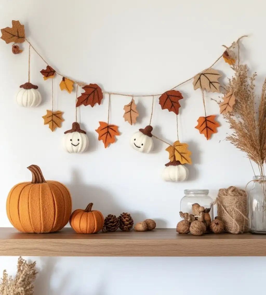 Needle Felted Pumpkin and Leaf Garland