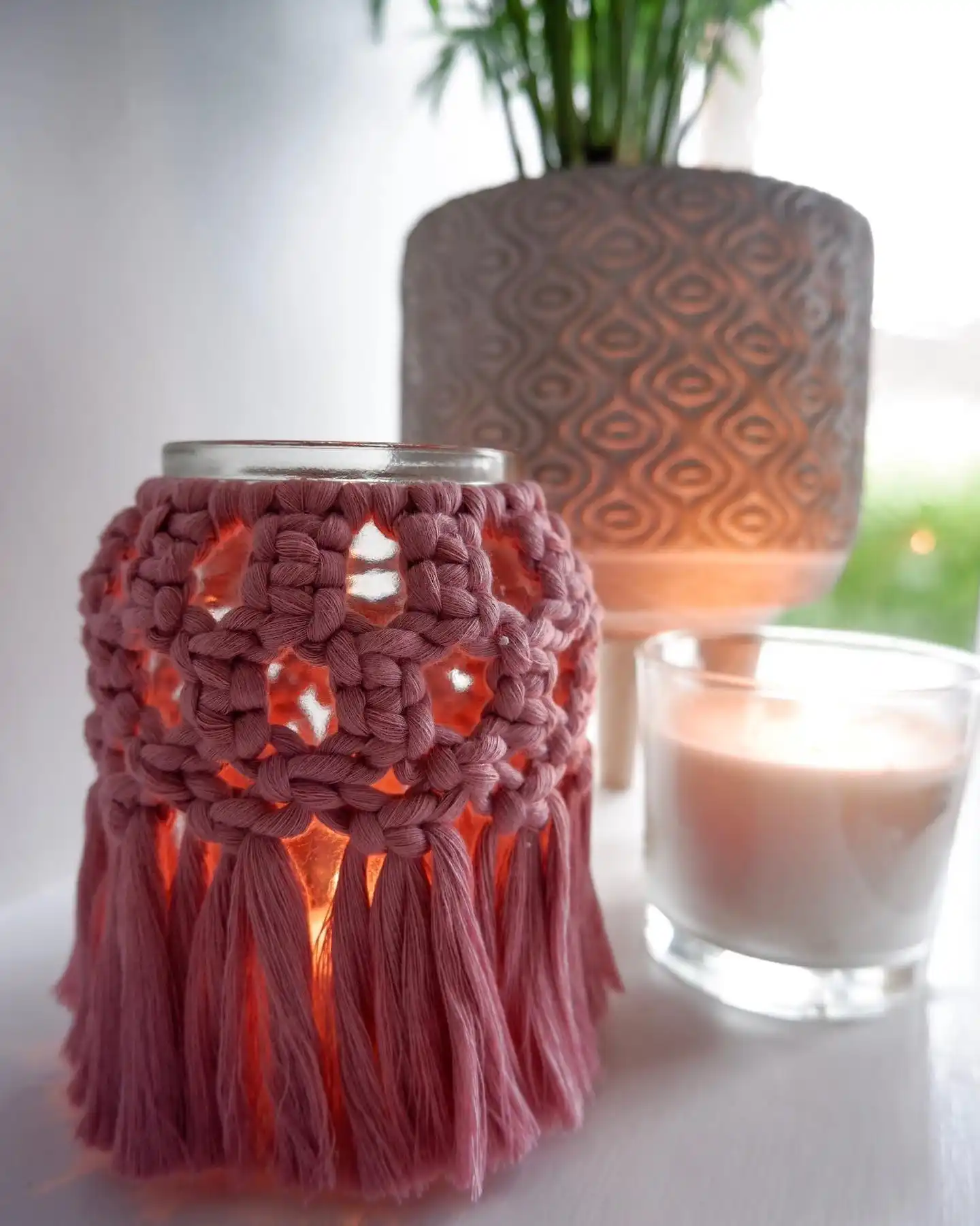 pink macrame candle decor