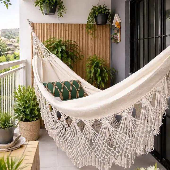 A Fringe-Trimmed Hammock Turns a Narrow Balcony Into a Boho Hideaway