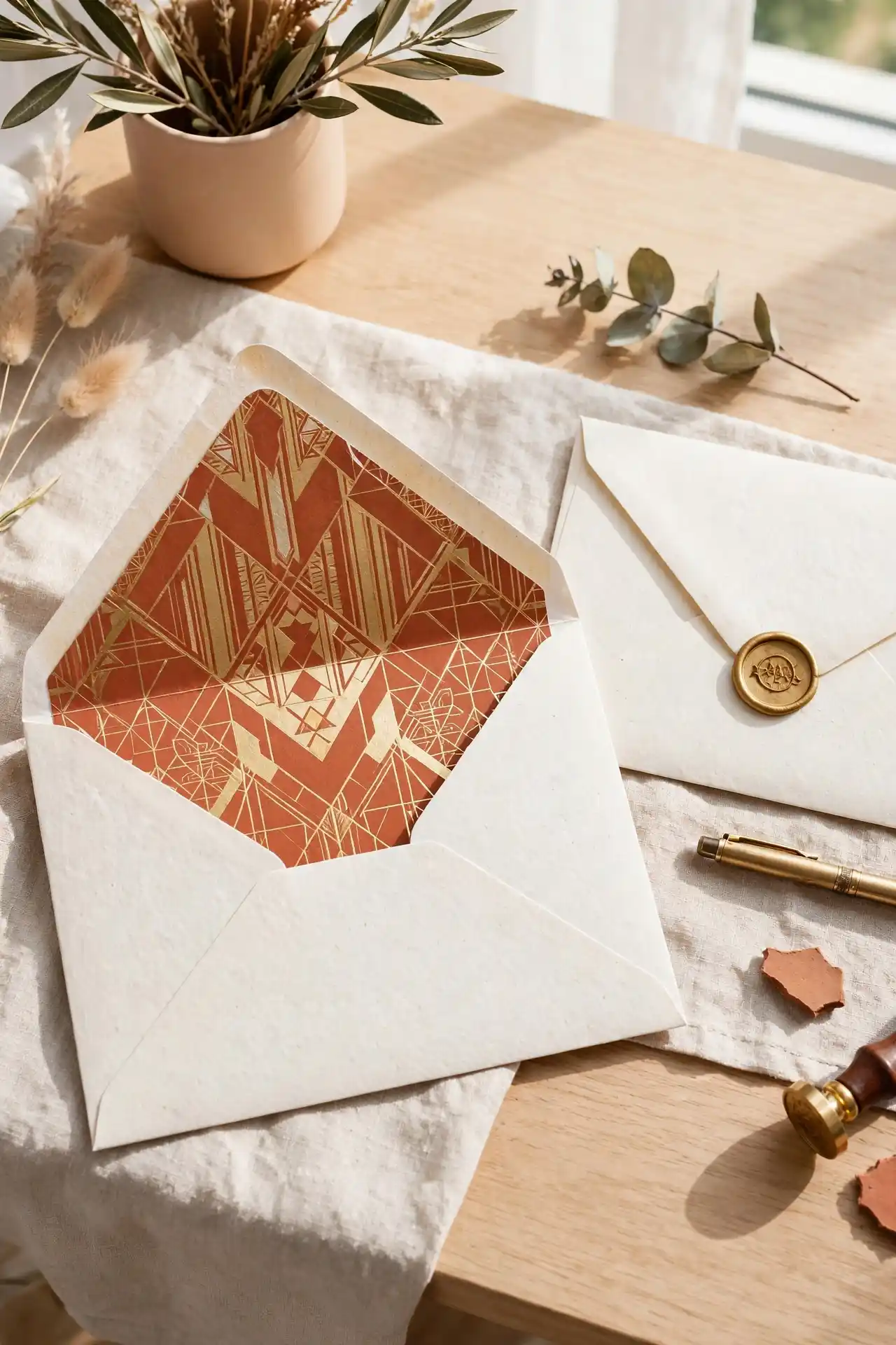 terracotta gold envelope flatlay