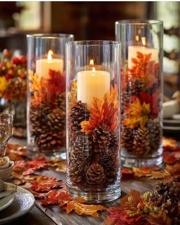 Layered Pinecone Hurricane Vases for the Table