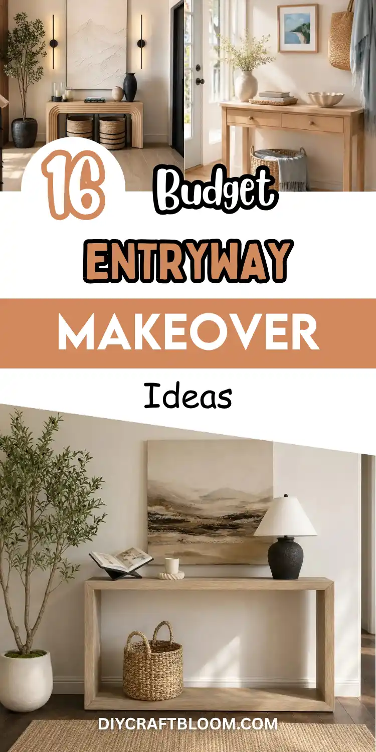 16 Budget Entryway Makeover Ideas That Look Way More Expensive 2 Collage of three warm neutral entryways for budget entryway makeover ideas. Top left, a fluted oak console under two black sconces with woven baskets below. Top right, a sunlit console table styled with a cream vase, branches and a scalloped bowl by the front door. Bottom, a light wood console with a black lamp, landscape art, a basket, an olive tree and a jute rug. Terracotta text overlay reads sixteen budget entryway ideas.