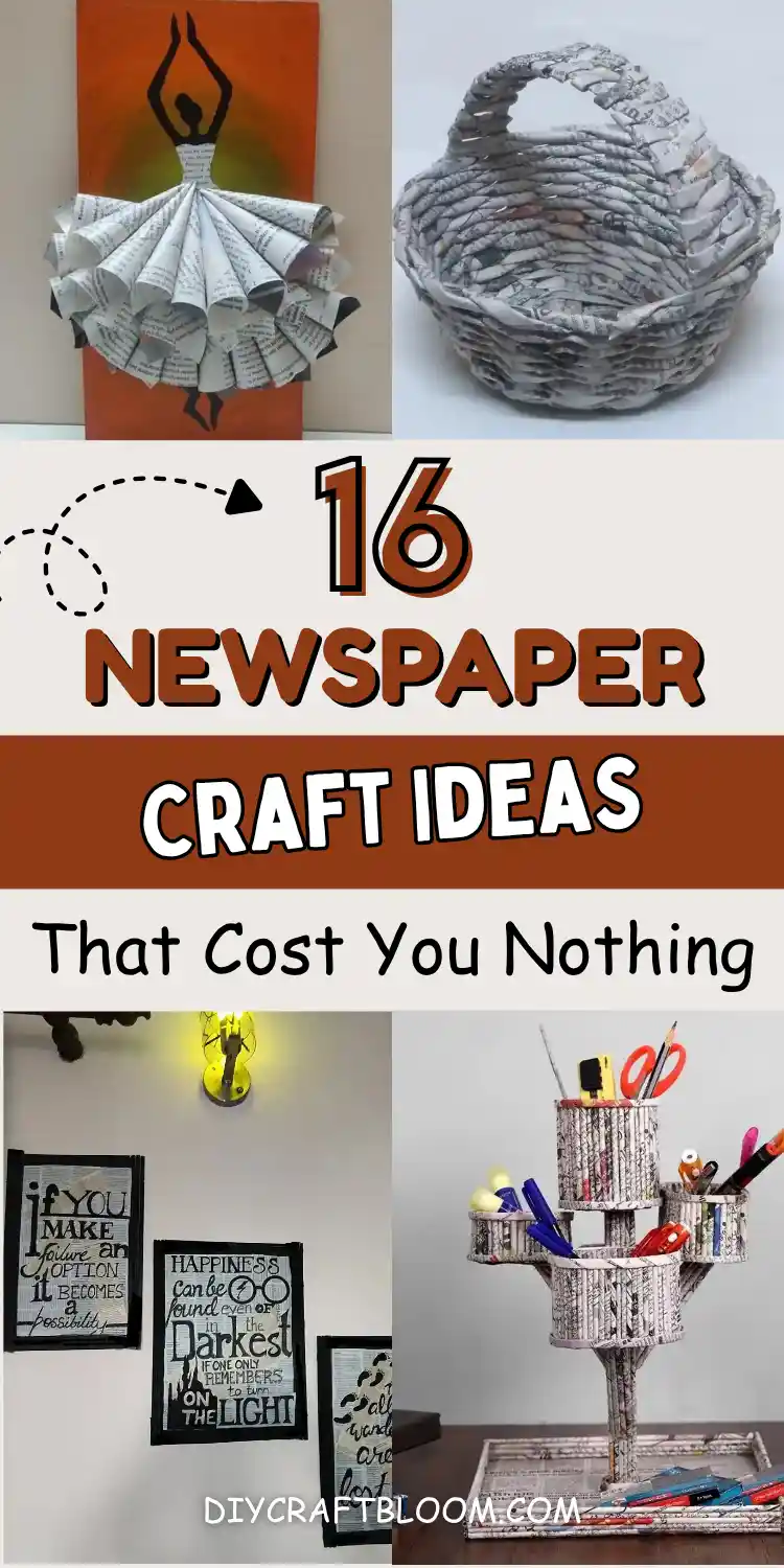 16 Newspaper Craft Ideas That Cost You Nothing 2 Four photo collage of newspaper craft ideas. Top left, a black dancer silhouette on orange with a skirt made of rolled newsprint cones. Top right, a coiled newspaper basket with a woven handle. Bottom left, three black framed hand lettered quotes painted over newsprint pages. Bottom right, a tiered newspaper desk organizer holding pens and scissors. Rust text overlay says sixteen recycled paper craft ideas that cost nothing.