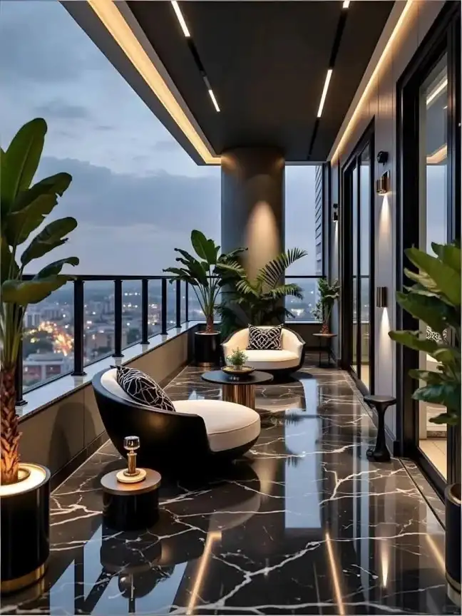 19 Masculine Small Balcony Aesthetic Ideas 15 Go Dark and Glossy for a High Rise Masculine Small Balcony Aesthetic