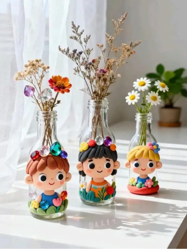 Tiny Clay Face Bottles for a Windowsill Family