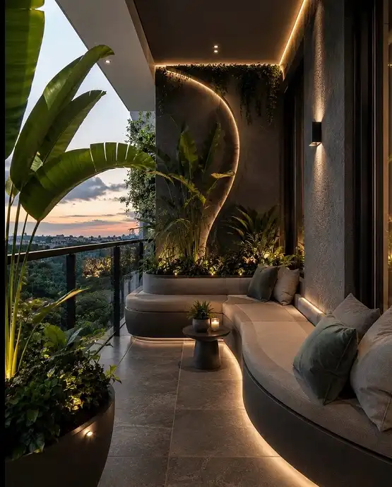 19 Masculine Small Balcony Aesthetic Ideas 13 Curve the Bench Along the Wall and Give Up on Loose Chairs