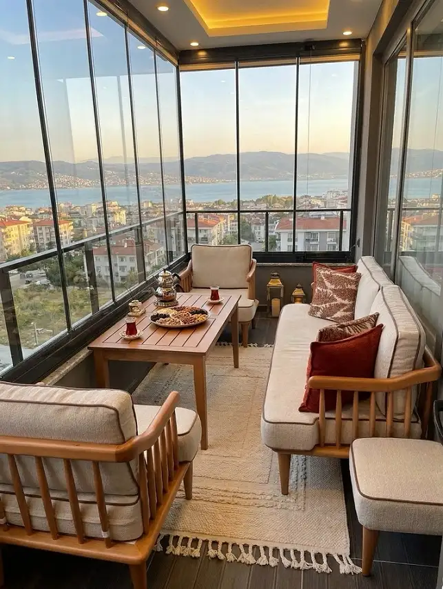 19 Masculine Small Balcony Aesthetic Ideas 4 Build a Real Sitting Area With Wood-Frame Seating and One Low Table