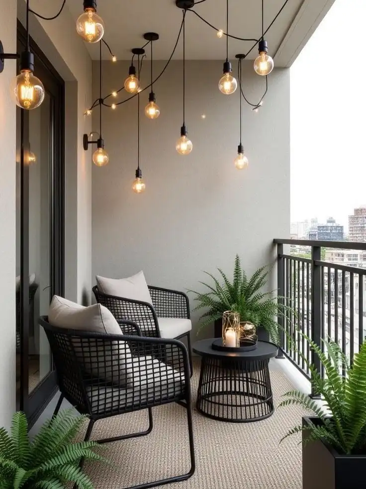19 Masculine Small Balcony Aesthetic Ideas 12 String Bulbs Overhead, Black Mesh Furniture Below