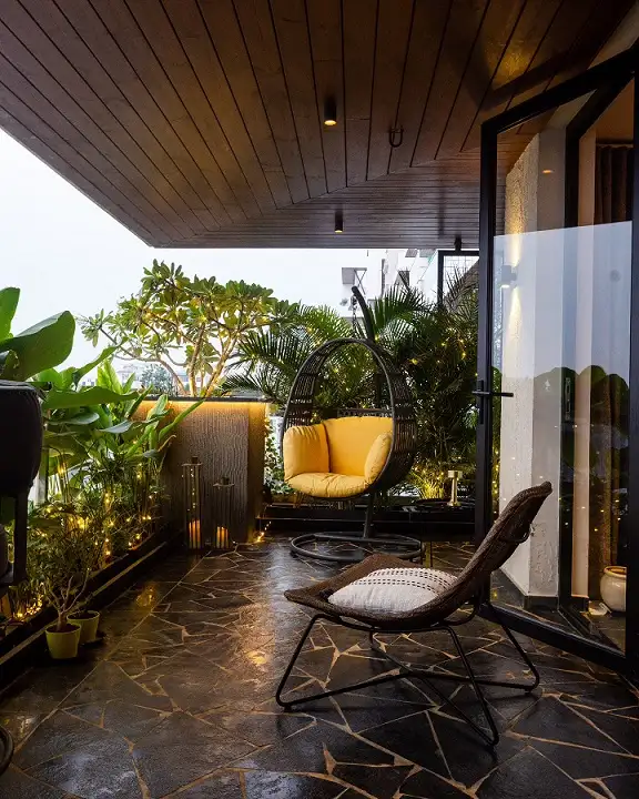 19 Masculine Small Balcony Aesthetic Ideas 9 Rough Stone Floor Under a Warm Wood Ceiling