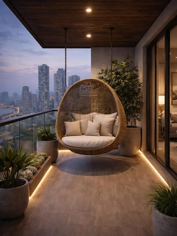 19 Masculine Small Balcony Aesthetic Ideas 7 Hang One Pod Chair and Let It Be the Only Furniture