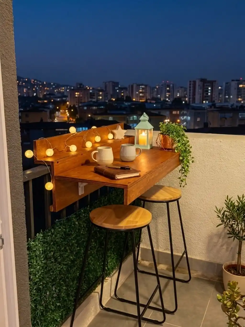Railing Bar Table with Two Slim Stools